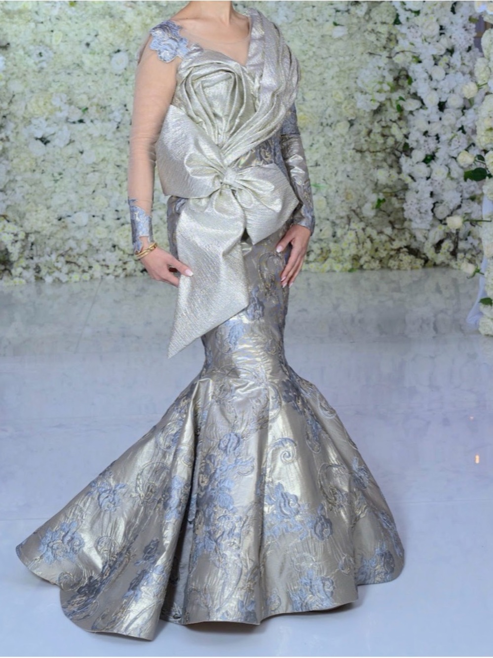 Silver Metallic Floral Mermaid Gown with Draped Bow Accent